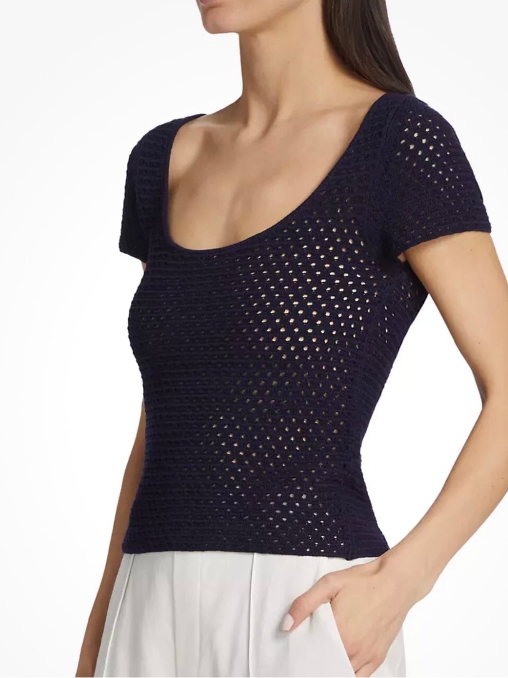 Vince Navy Crochet Open Knit Scoop Neck Short Sleeve Top, SzS/P, NWT